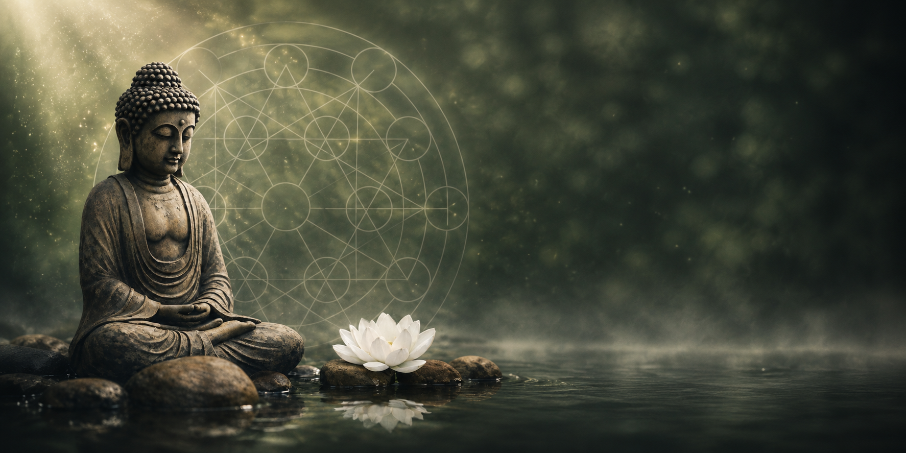 Stone Buddha and white lotus beside calm water