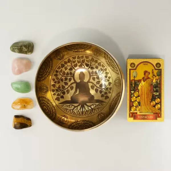Crystals and a patterned singing bowl